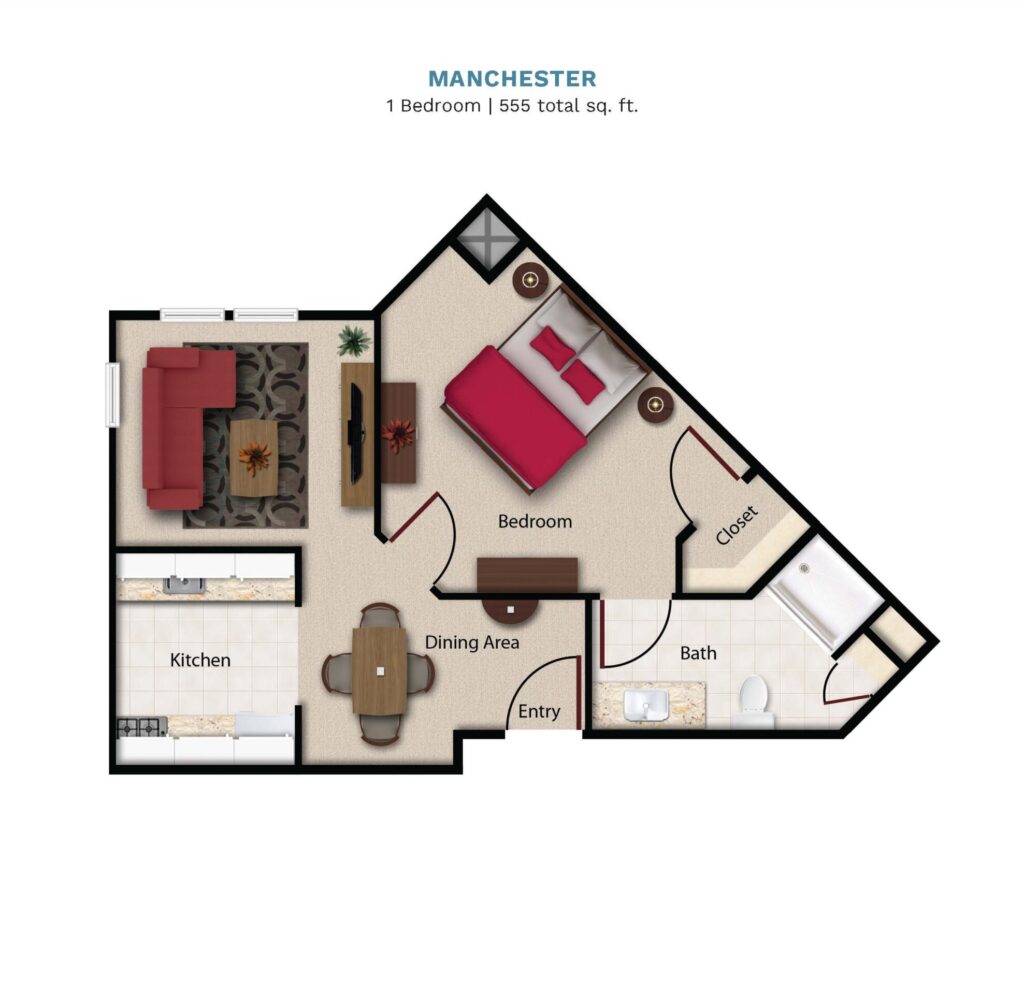 Town Village Tulsa Manchester One Bedroom floor plan image.