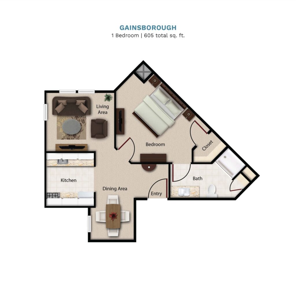 Town Village Tulsa Gainsborough One Bedroom floor plan image.