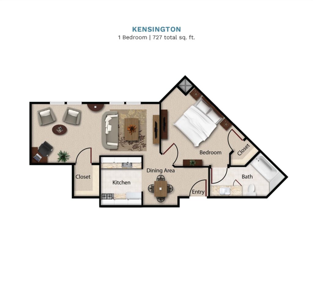 Town Village Tulsa Kensington One Bedroom floor plan image.