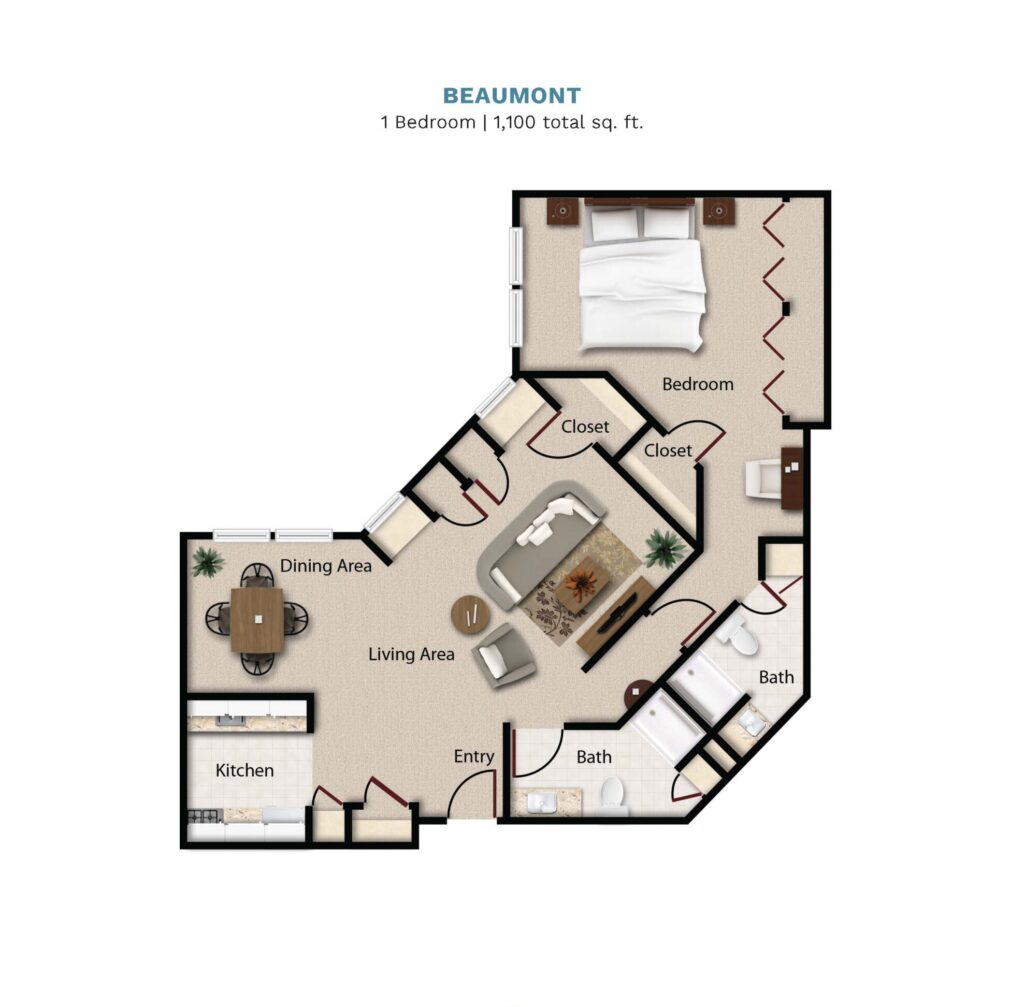 Town Village Tulsa Beaumont One Bedroom floor plan image.