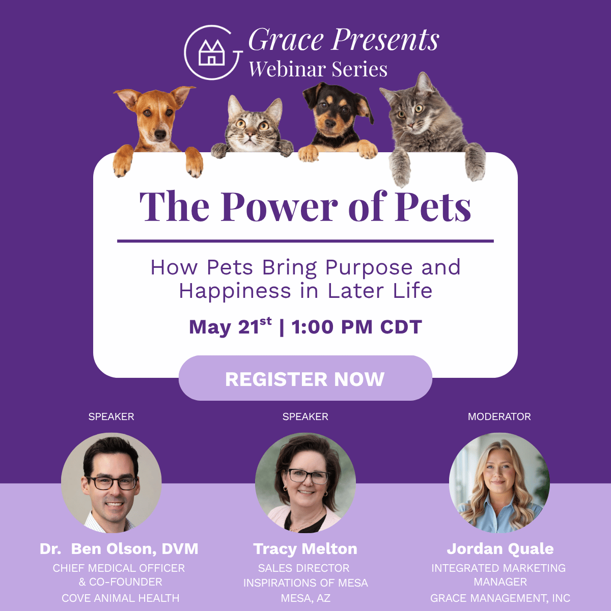 Promo banner for Grace Presents 'The Power of Pets' webinar: purple background, pets peeking over a white panel, register button, speakers below.